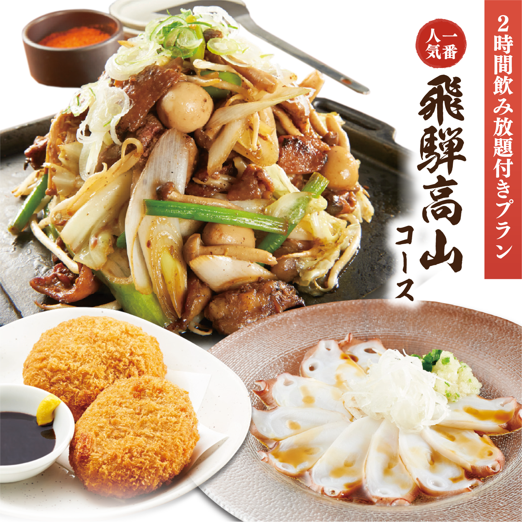 ◆一番人気！飛騨高山コース◆【2時間飲み放題付】＜全8品＞／生ビール付き